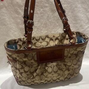 Coach Heritage 12729 Beige Signature Canvas Tote with Brown Leather Trim